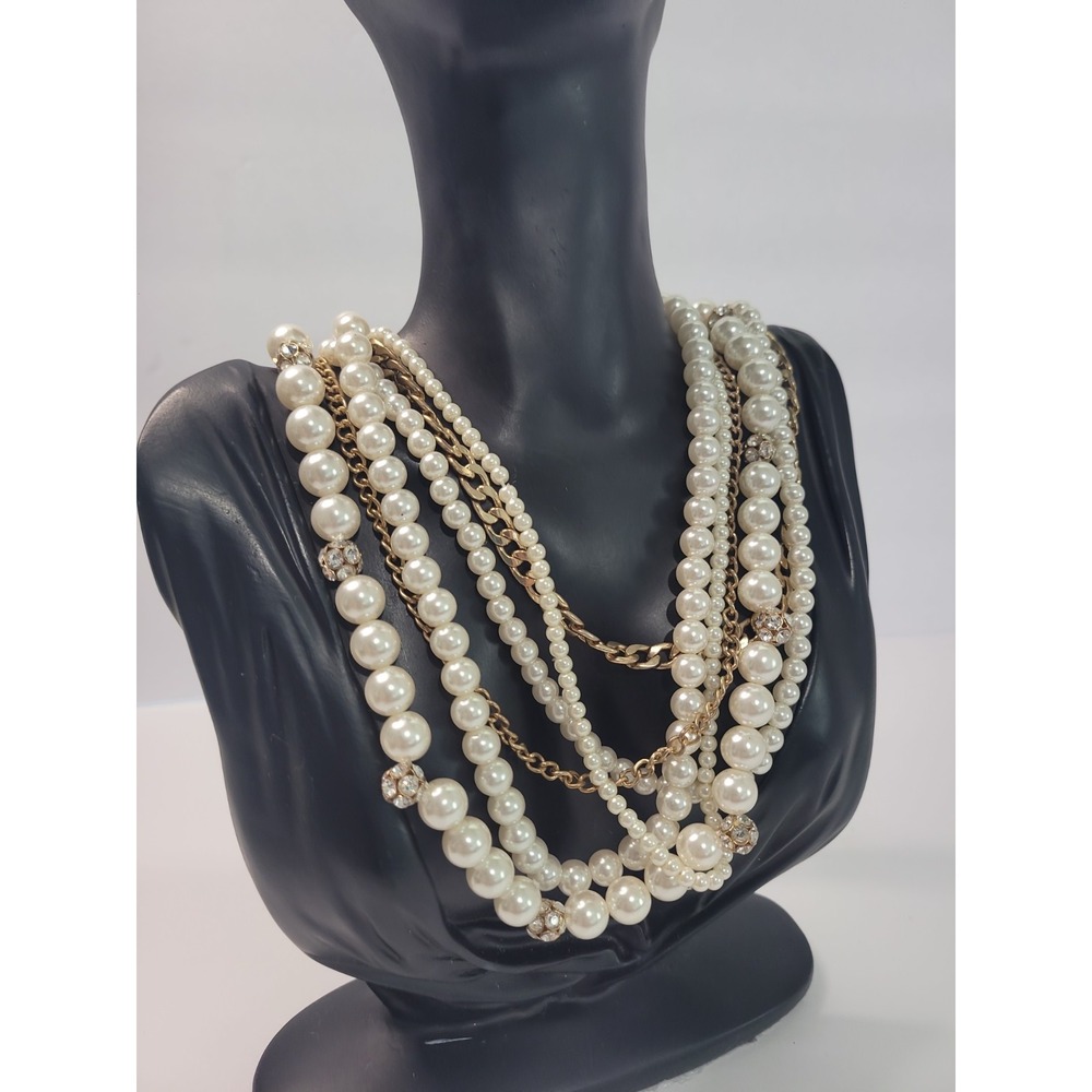 New York Multi Strand Faux Pearl Gold Tone Chain Rhinestone Statement Necklace